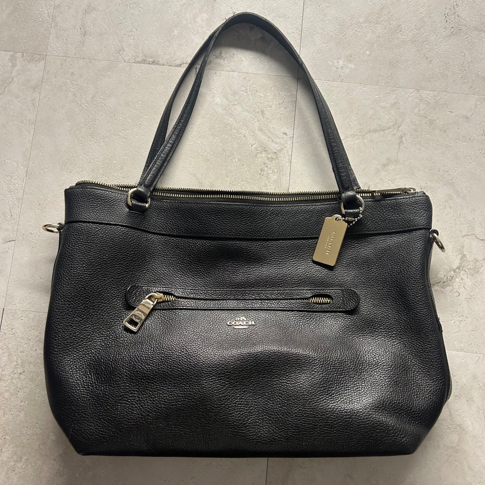 Coach Pebbled Leather Tote Bag Black Women Large Gold Hardware Zip Top 1236